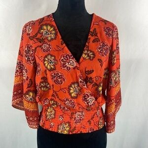 Twine & String Cropped Paisley Print Orange Blouse with Batwing Sleeves